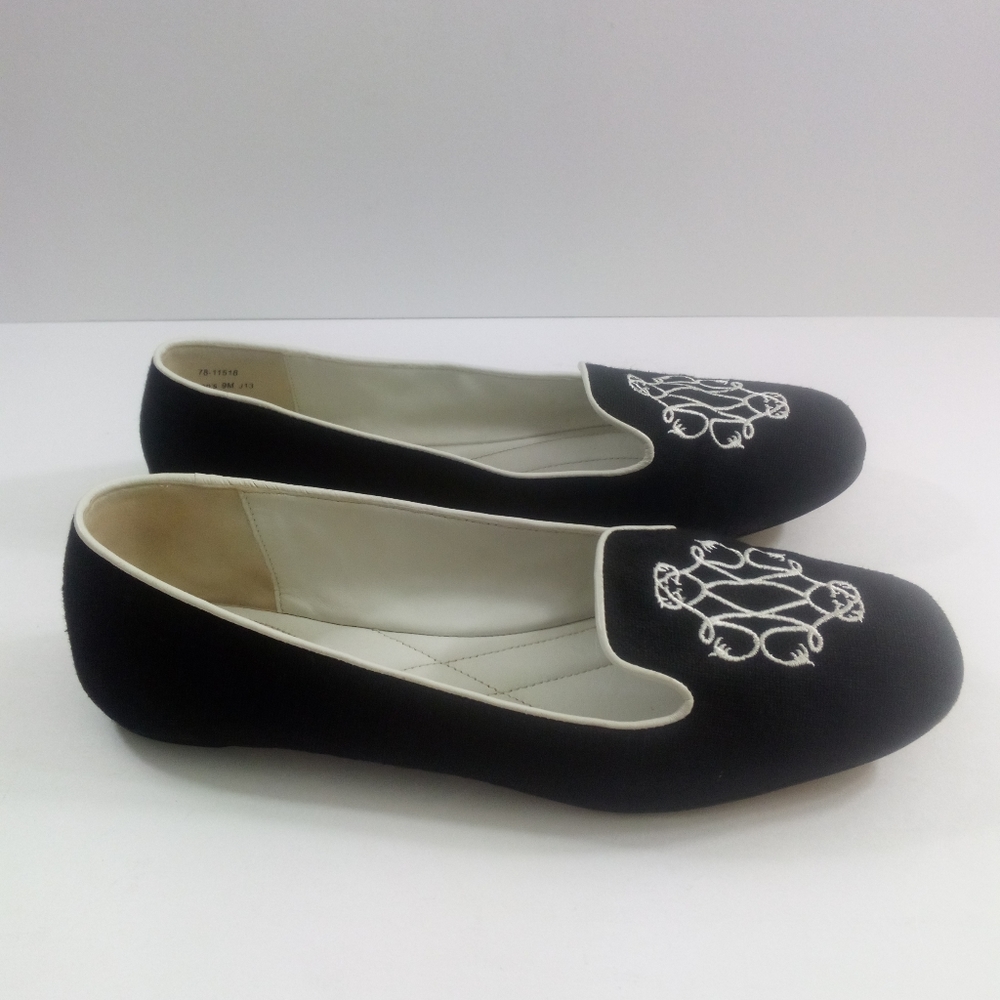 Johnston & Murphy Riley Women 9 Embroidered Black Canvas Ballet Flats 78-11518